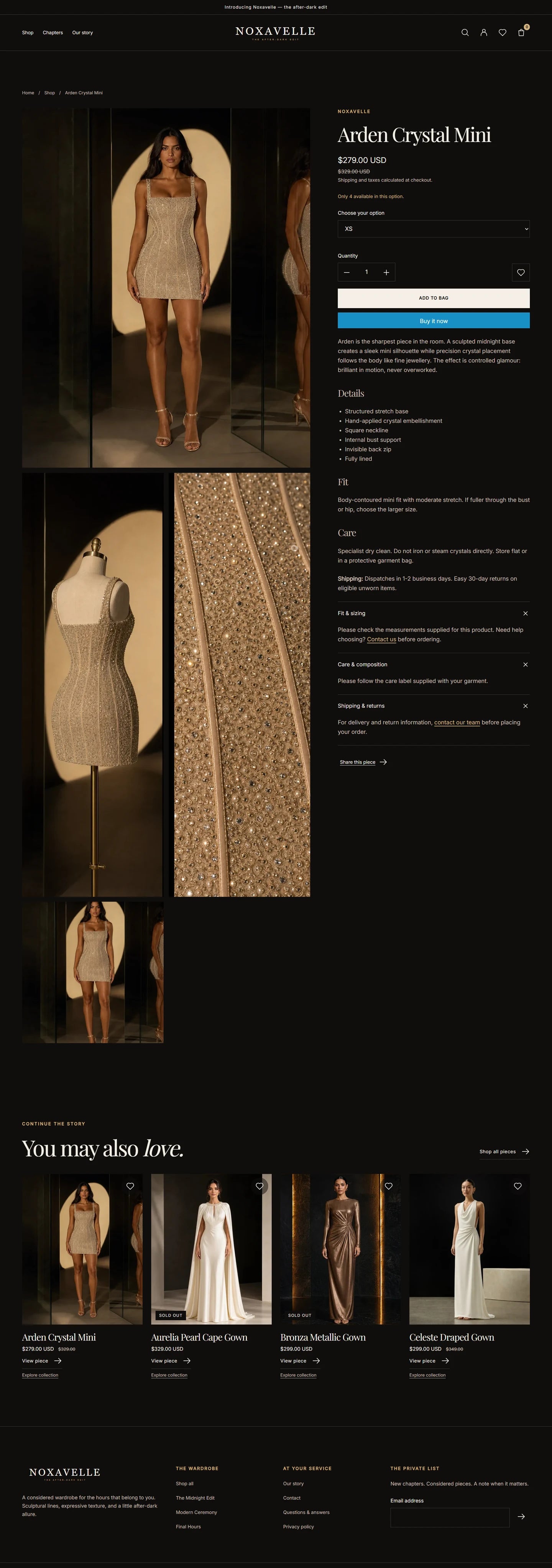 Noxavelle supplied desktop product page, showing its actual typography, photography and purchase layout