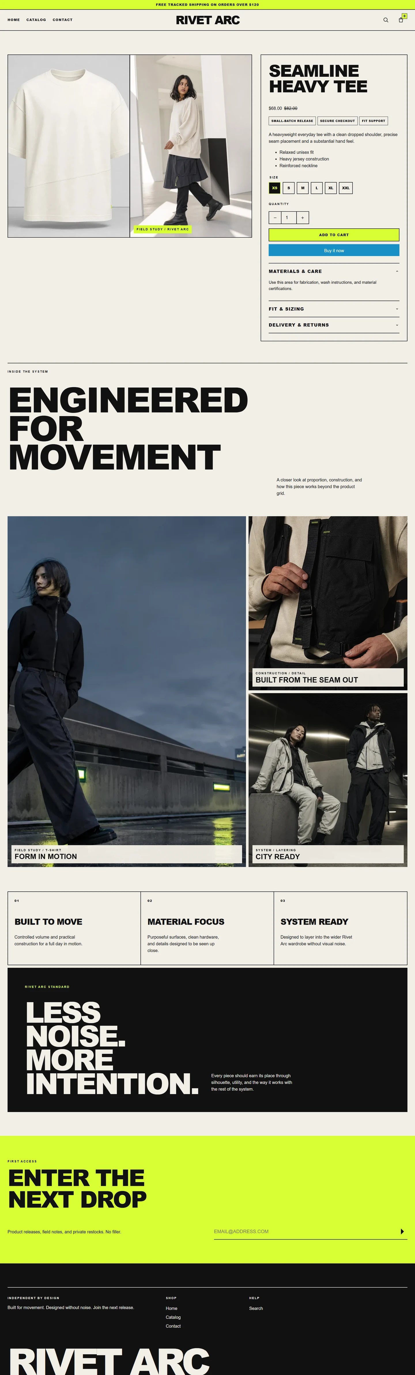 Rivet Arc supplied desktop product page, showing its actual typography, photography and purchase layout